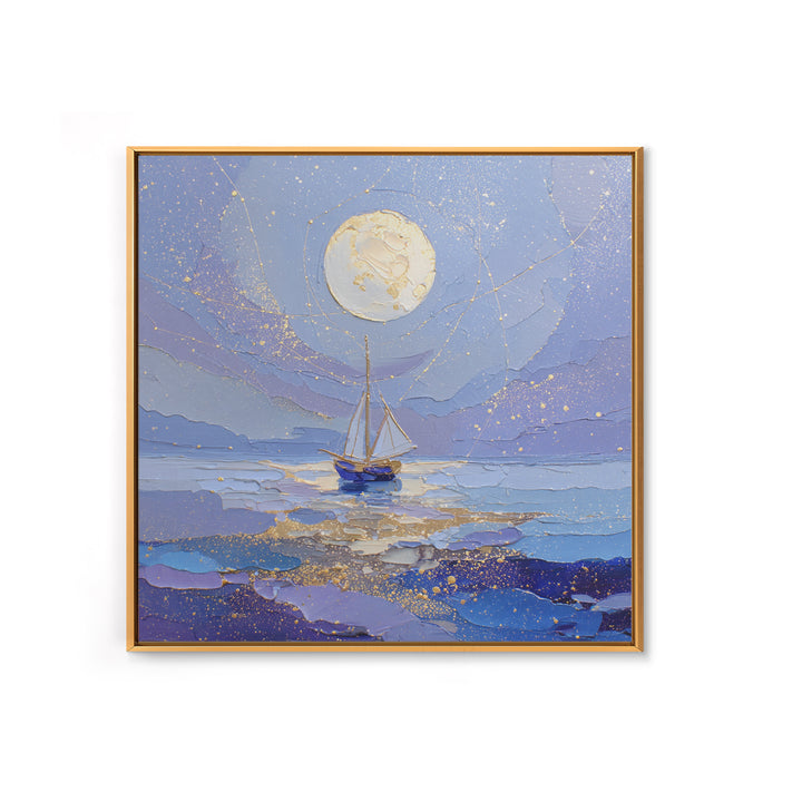 Tiny Sailboat Beneath a Huge Moon Framed Canvas Print, Celestial Art, Modern Art, Living Room Decor, Oil Painting, Celestial, CEL-1x1-43