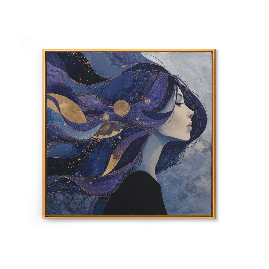 Celestial Goddess with Flowing Midnight Hair Framed Canvas Print, Celestial Art, Celestial, Living Room Decor, Celestial, CEL-1x1-7