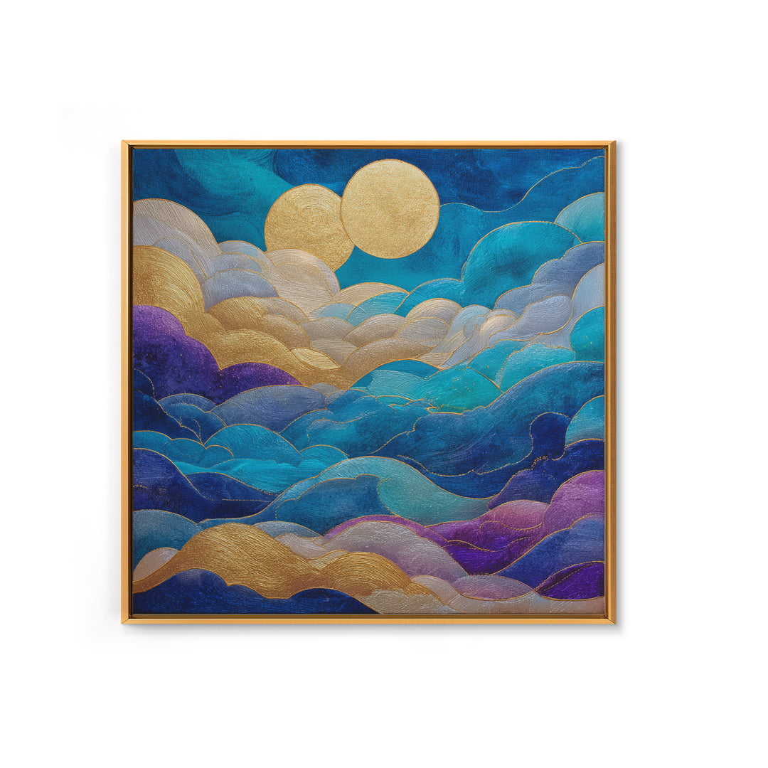 Golden Sun over Abstract Ocean Waves Framed Canvas Print, Celestial Art, Collage Art, Living Room Decor, Fine Art, Celestial, CEL-1x1-71