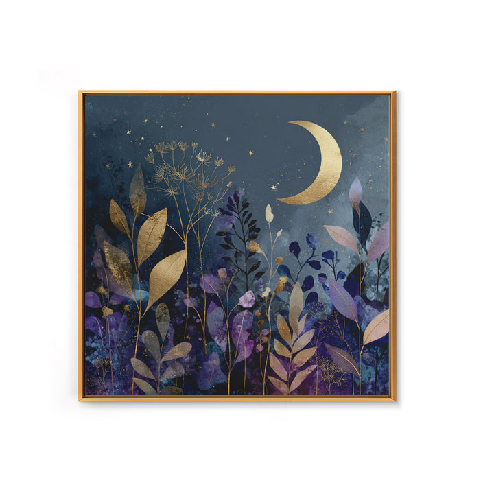 Lunar Phase Arc Above Delicate Botanicals Canvas Print, Celestial Art, Collage Art, Living Room Decor, Watercolor Art, CEL-1x1-76
