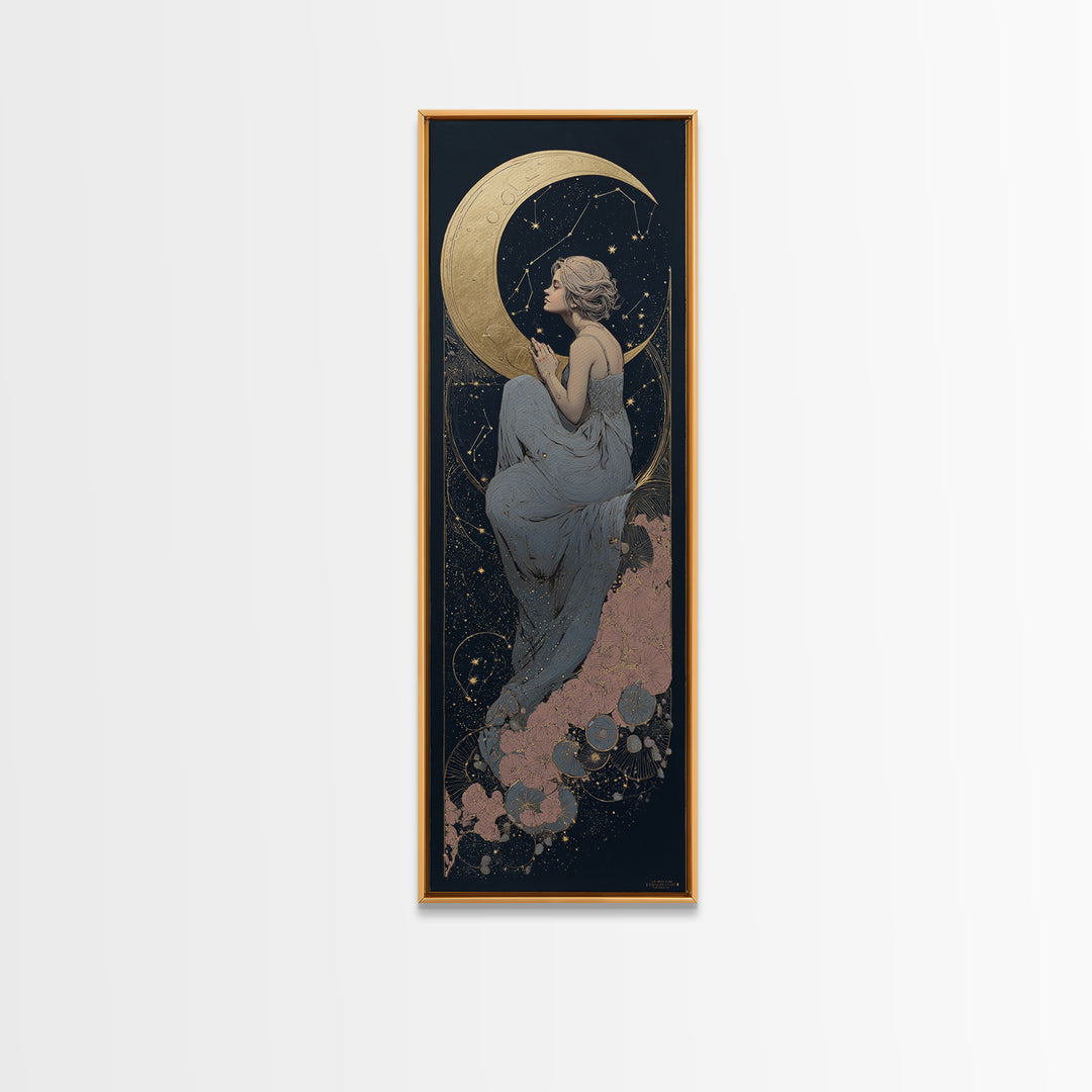 Crescent Moon Cradling a Cluster of Stars Canvas Print, Celestial Art, Minimalist Art, Living Room Decor, Fine Art, Celestial, CEL-1x3-37