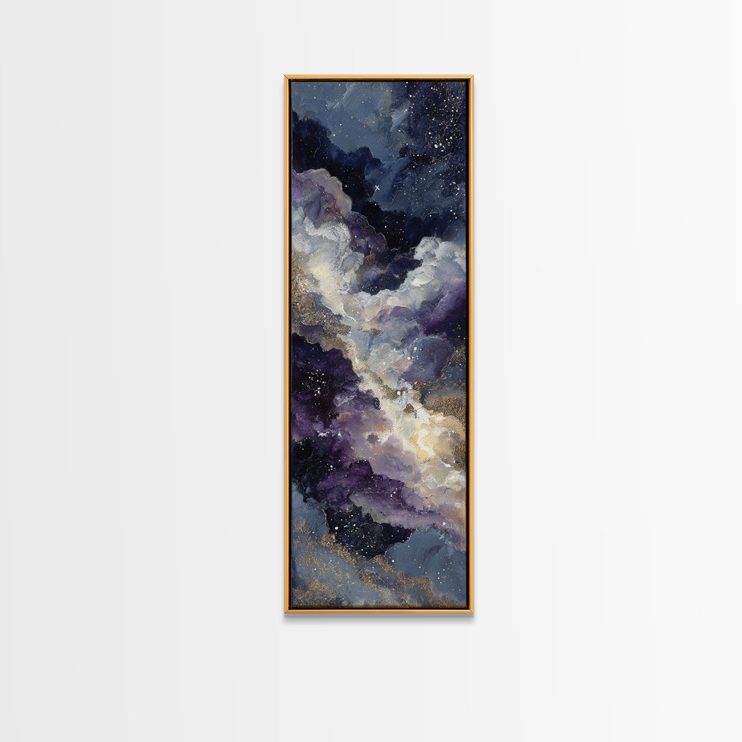 Moonlit Cloudscape with Silver Highlights Framed Canvas Print, Celestial Art, Fantasy Art, Living Room Decor, Oil Painting, CEL-1x3-45