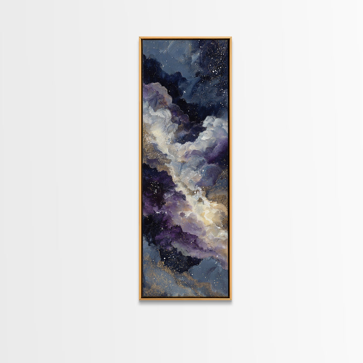 Moonlit Cloudscape with Silver Highlights Framed Canvas Print, Celestial Art, Fantasy Art, Living Room Decor, Oil Painting, CEL-1x3-45