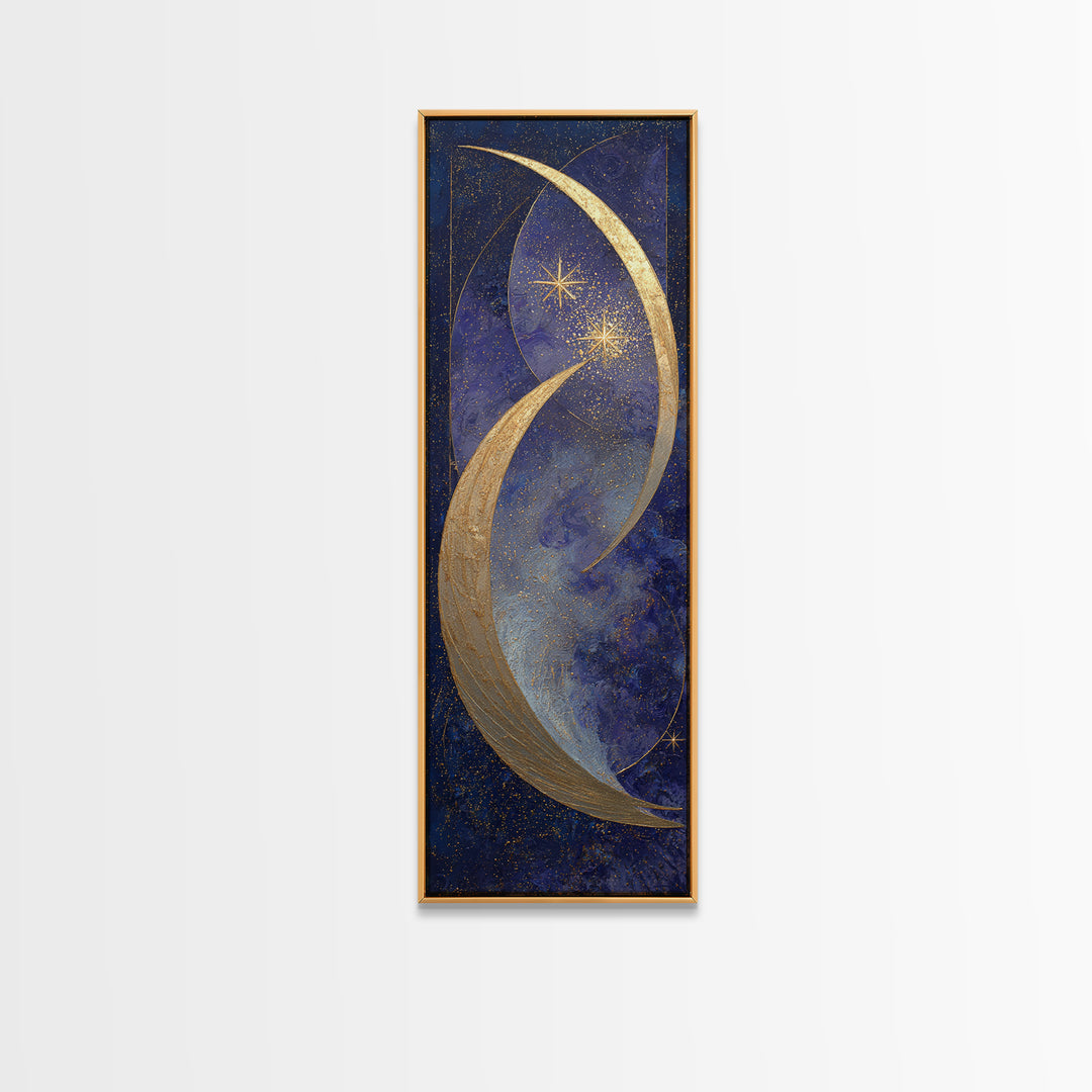Crescent Moon Cradling a Cluster of Stars Framed Canvas Print, Celestial Art, Modern Decor, Living Room Decor, Celestial, CEL-1x3-61