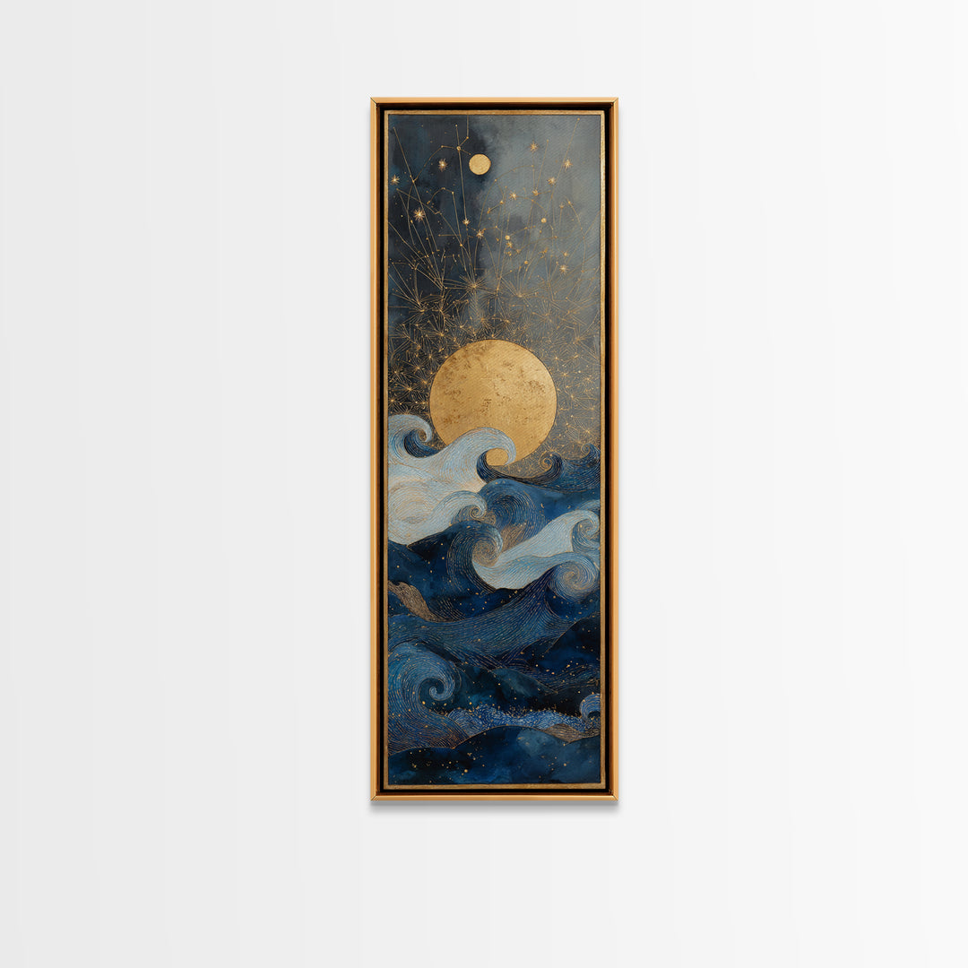 Golden Sun over Abstract Ocean Waves Framed Canvas Print, Celestial Art, Witchy Decor, Living Room Decor, Fine Art, Celestial, CEL-1x3-83