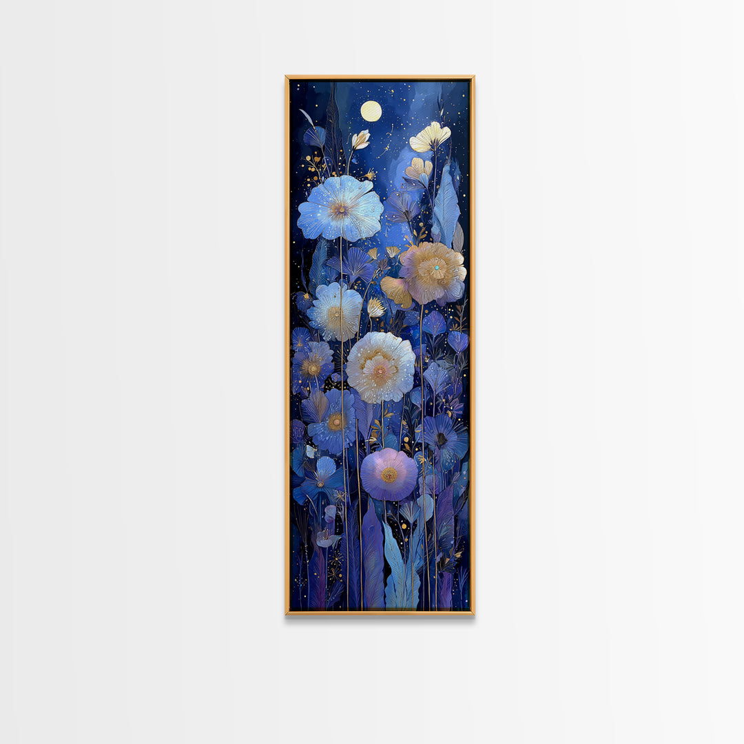 Moon Garden with Night Blooming Flowers Canvas Print, Celestial Art, Boho Art, Living Room Decor, Watercolor Art, Celestial, CEL-1x3-9