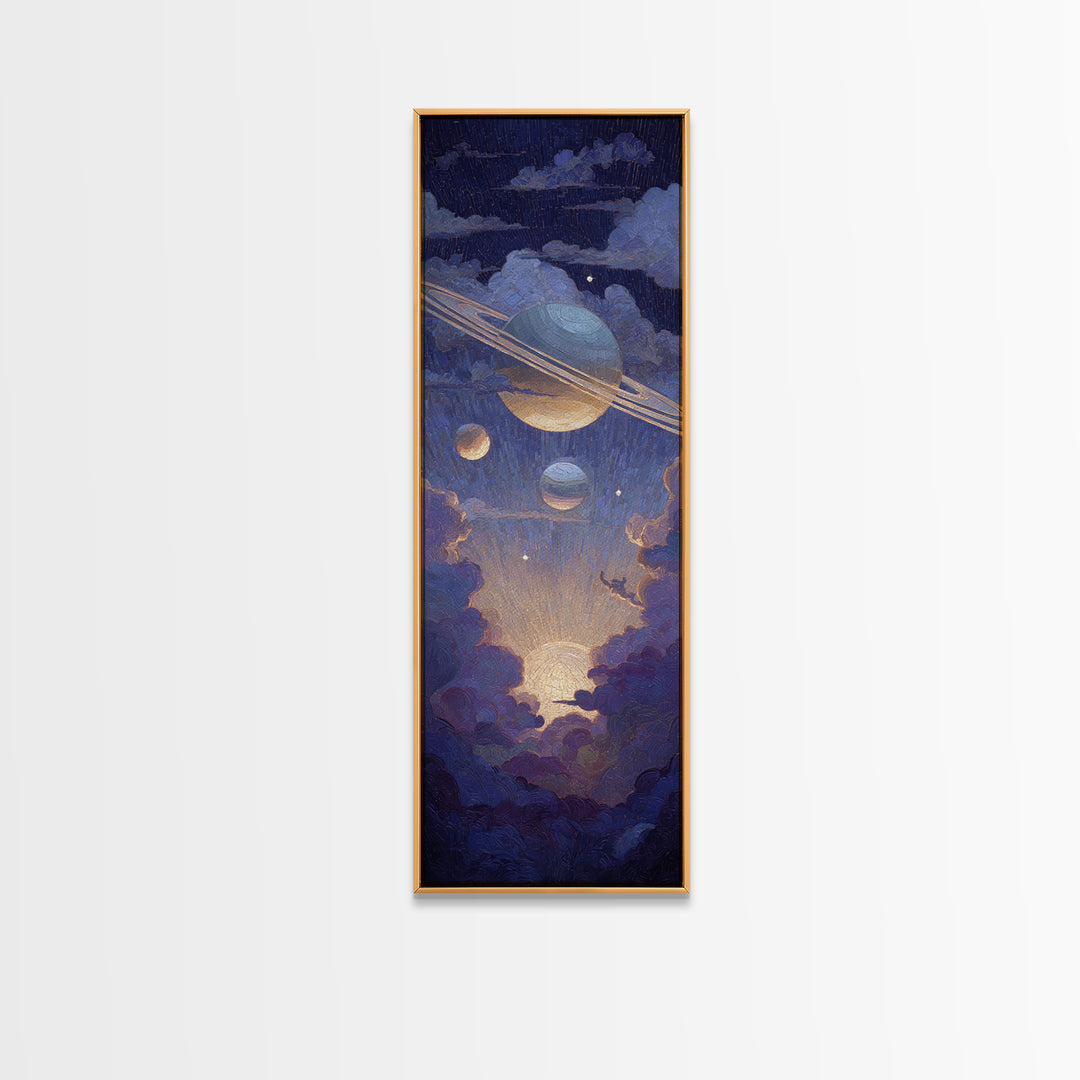 Glowing Planet with Rings and Tiny Moons Canvas Print, Celestial Art, Modern Decor, Living Room Decor, Oil Painting, Celestial, CEL-1x3-90