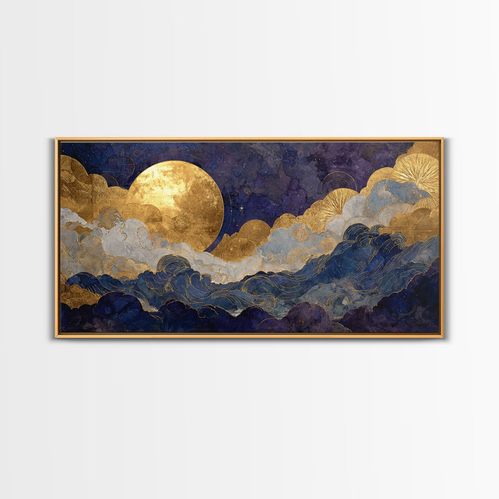Golden Sun over Abstract Ocean Waves Framed Canvas Print, Celestial Art, Collage Art, Living Room Decor, Fine Art, Celestial, CEL-2x1-19