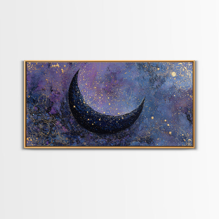 Crescent Moon Cradling a Cluster of Stars Framed Canvas Print, Celestial Art, Contemporary Art, Living Room Decor, Celestial, CEL-2x1-45