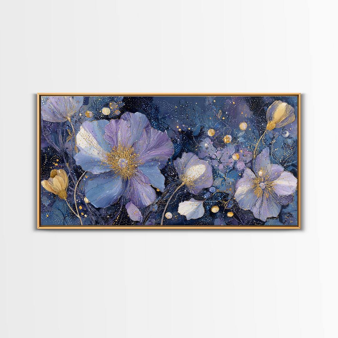Moon Garden with Night Blooming Flowers Framed Canvas Print, Celestial Art, Minimalist Decor, Living Room Decor, Celestial, CEL-2x1-65