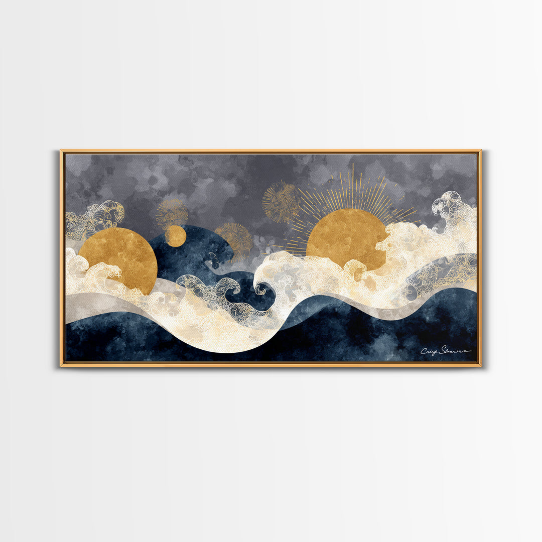 Golden Sun over Abstract Ocean Waves Framed Canvas Print, Celestial Art, Art Nouveau Decor, Living Room Decor, Celestial, CEL-2x1-67