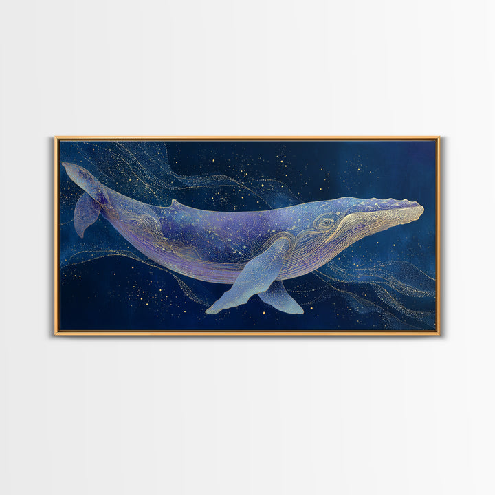Cosmic Whale Swimming Through a Star Field Framed Canvas Print, Celestial Art, Digital Print, Living Room Decor, Celestial, CEL-2x1-97