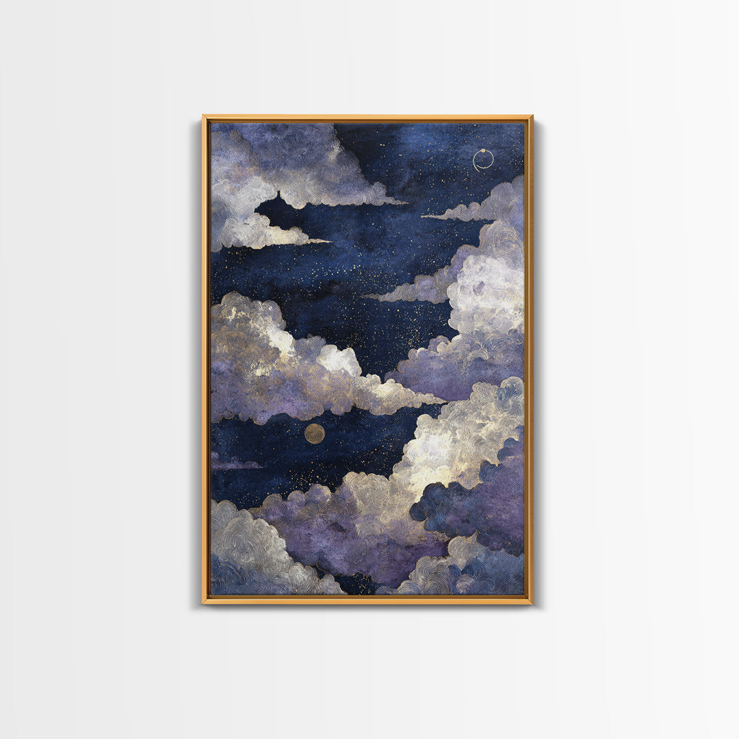 Moonlit Cloudscape with Silver Highlights Canvas Print, Celestial Art, Textured Painting, Living Room Decor, Celestial, CEL-2x3-17