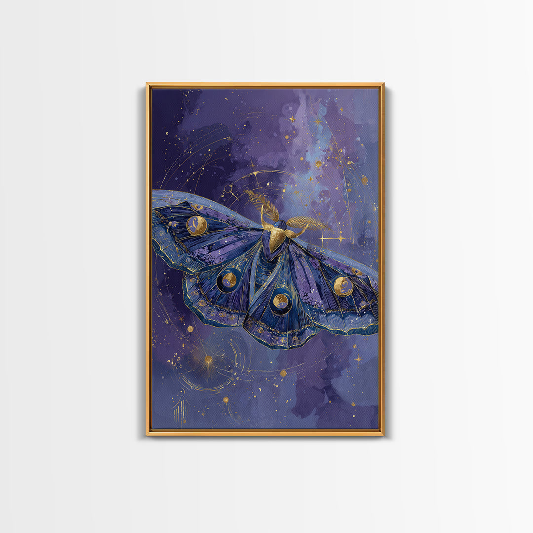 Celestial Moth with Moon Markings Framed Canvas Print, Celestial Art, Gallery Decor, Living Room Decor, Abstract Art, Celestial, CEL-2x3-26