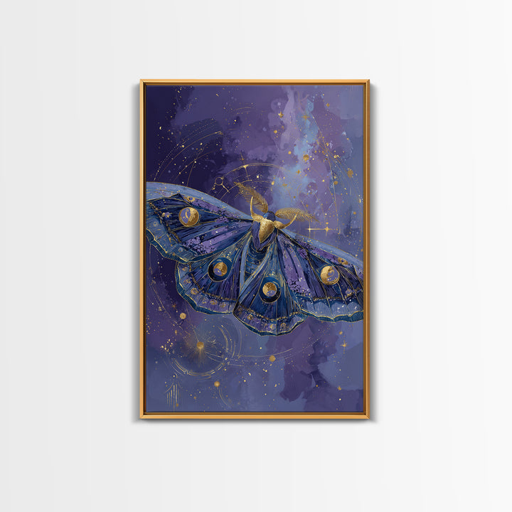 Celestial Moth with Moon Markings Framed Canvas Print, Celestial Art, Gallery Decor, Living Room Decor, Abstract Art, Celestial, CEL-2x3-26
