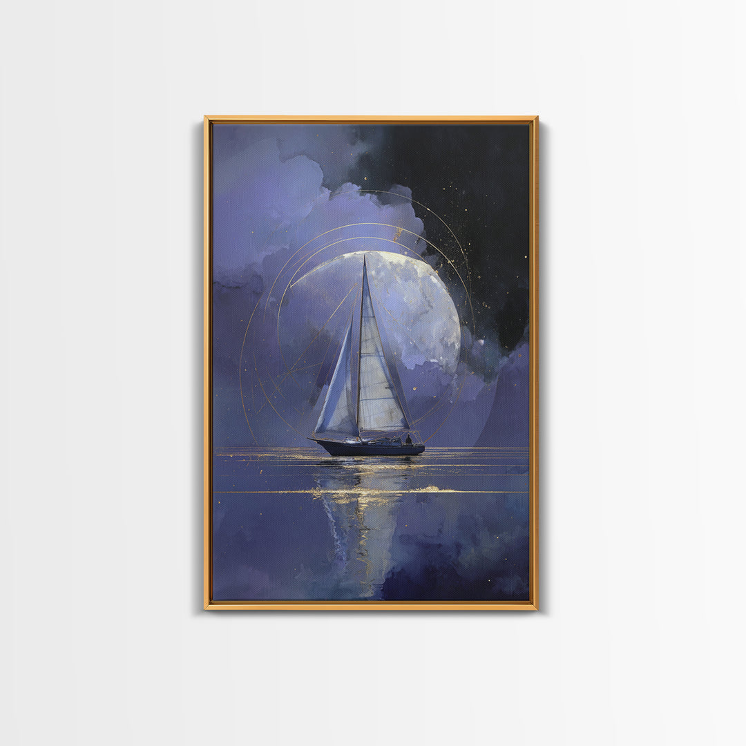 Tiny Sailboat Beneath a Huge Moon Framed Canvas Print, Celestial Art, Animal Prints, Living Room Decor, Oil Painting, Celestial, CEL-2x3-51