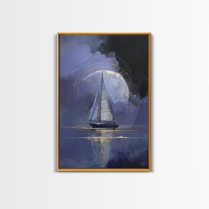 Tiny Sailboat Beneath a Huge Moon Framed Canvas Print, Celestial Art, Animal Prints, Living Room Decor, Oil Painting, Celestial, CEL-2x3-51