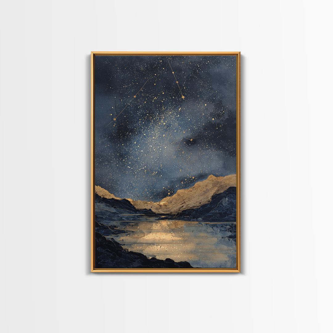 Night Sky over a Quiet Mountain Lake Framed Canvas Print, Celestial Art, Boho Decor, Living Room Decor, Fine Art, Celestial, CEL-2x3-59