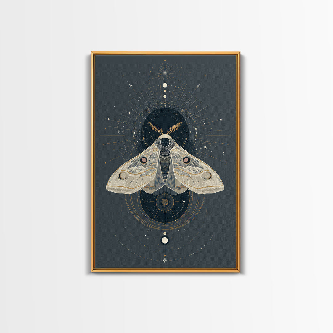 Celestial Moth with Moon Markings Framed Canvas Print, Celestial Art, Living Room Decor, Watercolor Art, Celestial, CEL-2x3-74