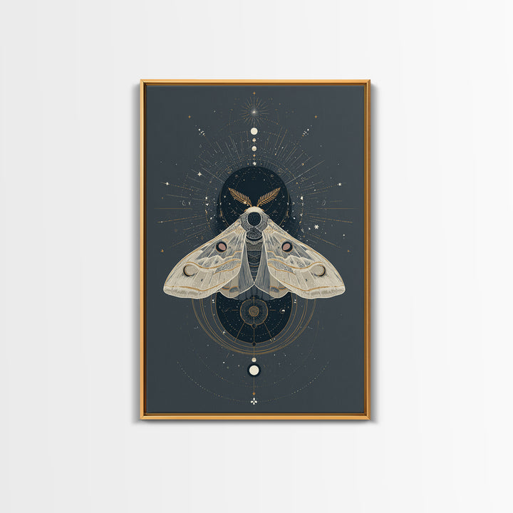 Celestial Moth with Moon Markings Framed Canvas Print, Celestial Art, Living Room Decor, Watercolor Art, Celestial, CEL-2x3-74