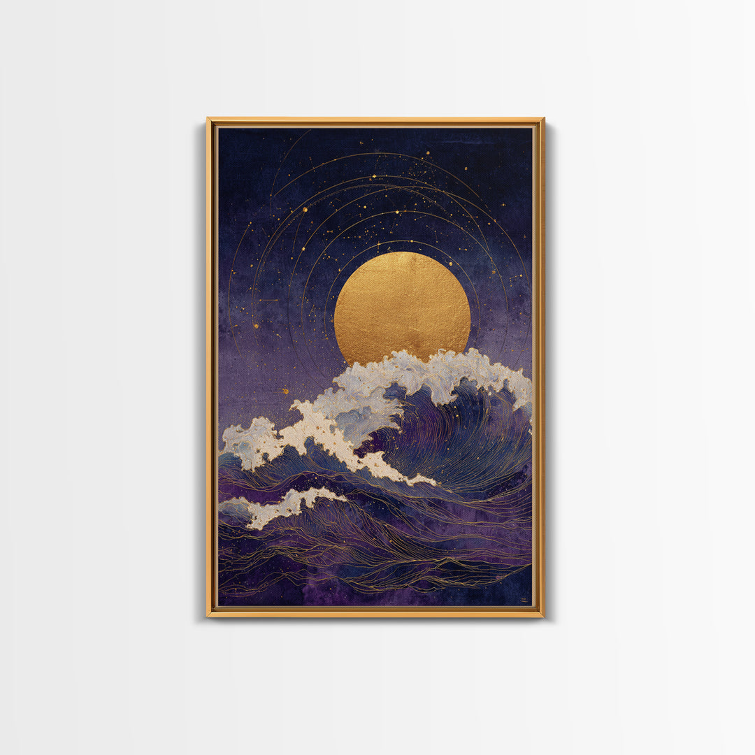 Golden Sun over Abstract Ocean Waves Canvas Print, Celestial Art, Statement Artwork, Living Room Decor, Fine Art, Celestial, CEL-2x3-79