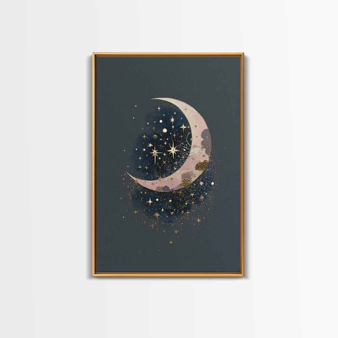 Crescent Moon Cradling a Cluster of Stars Canvas Print, Celestial Art, Art Print, Living Room Decor, Fine Art, Celestial, CEL-2x3-9