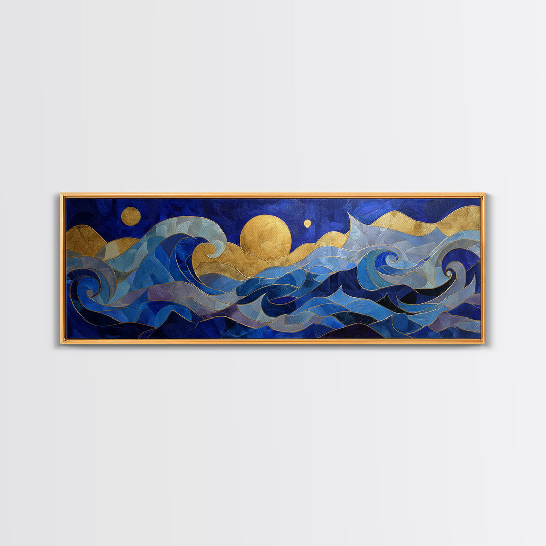 Golden Sun over Abstract Ocean Waves Framed Canvas Print, Celestial Art, Art Nouveau Decor, Living Room Decor, Celestial, CEL-3x1-15