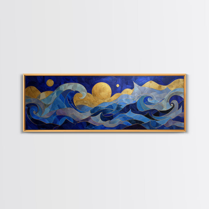Golden Sun over Abstract Ocean Waves Framed Canvas Print, Celestial Art, Art Nouveau Decor, Living Room Decor, Celestial, CEL-3x1-15