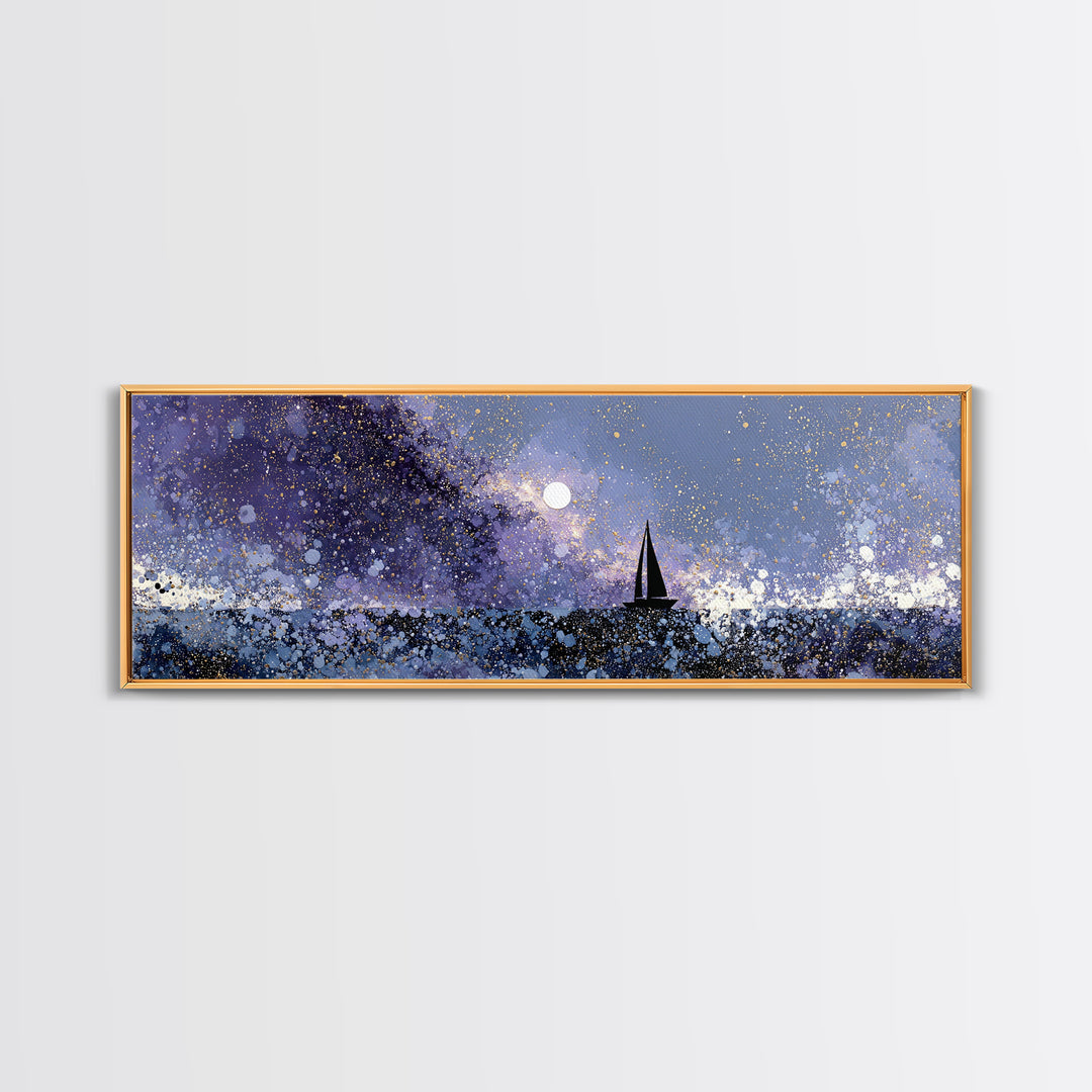 Tiny Sailboat Beneath a Huge Moon Canvas Print, Celestial Art, Statement Artwork, Living Room Decor, Fine Art, Celestial, CEL-3x1-35