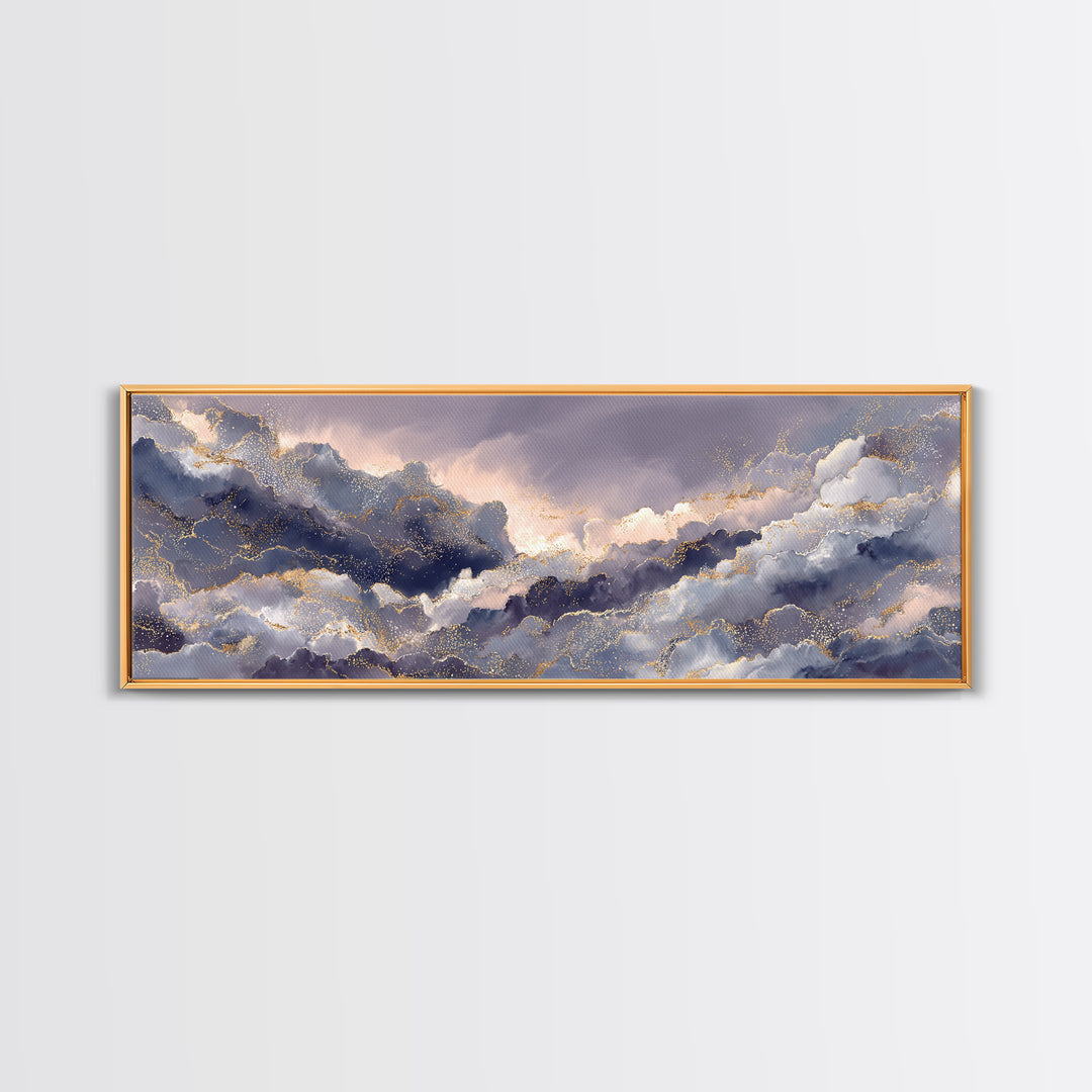 Moonlit Cloudscape with Silver Highlights Canvas Print, Celestial Art, Watercolor Painting, Living Room Decor, Abstract Art, CEL-3x1-49