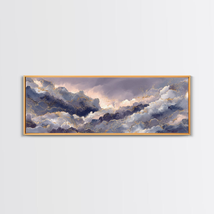 Moonlit Cloudscape with Silver Highlights Canvas Print, Celestial Art, Watercolor Painting, Living Room Decor, Abstract Art, CEL-3x1-49