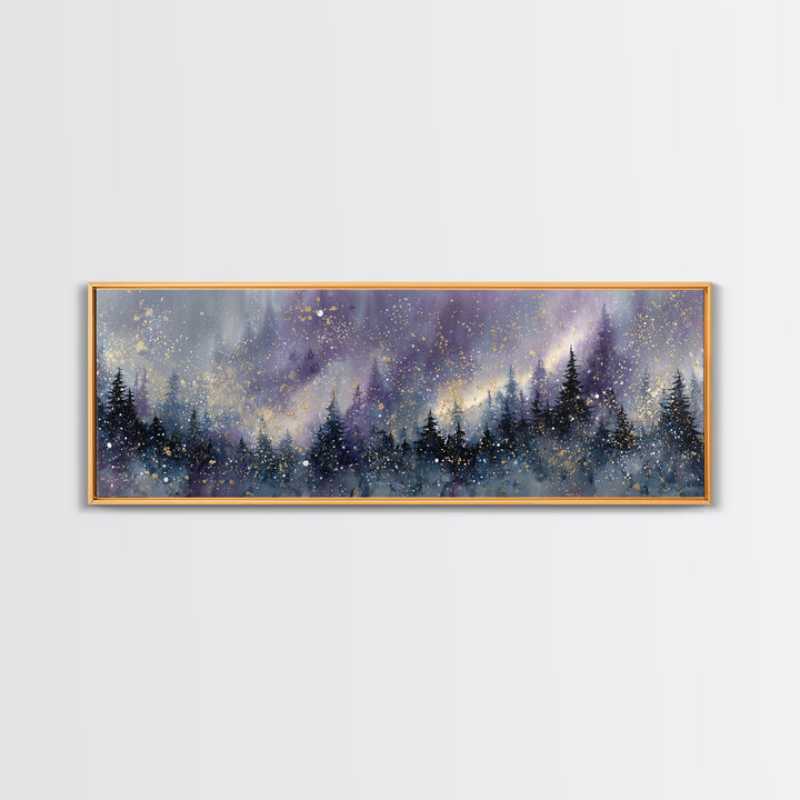Aurora Borealis over Snowy Pines Framed Canvas Print, Celestial Art, Retro Wall Art, Living Room Decor, Fine Art, Celestial, CEL-3x1-57