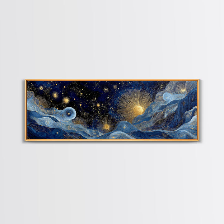 Golden Sun over Abstract Ocean Waves Framed Canvas Print, Celestial Art, Digital Art, Living Room Decor, Watercolor Art, CEL-3x1-87