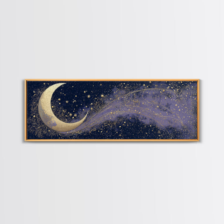 Crescent Moon Cradling a Cluster of Stars Canvas Print, Celestial Art, Digital Download Art, Living Room Decor, Celestial, CEL-3x1-89