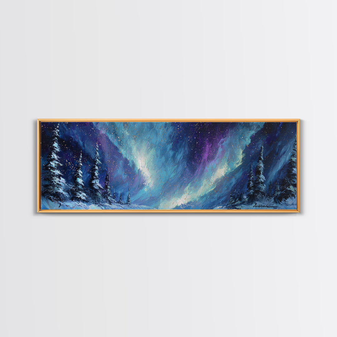 Aurora Borealis over Snowy Pines Framed Canvas Print, Celestial Art, Digital Art, Living Room Decor, Fine Art, Celestial, CEL-3x1-9