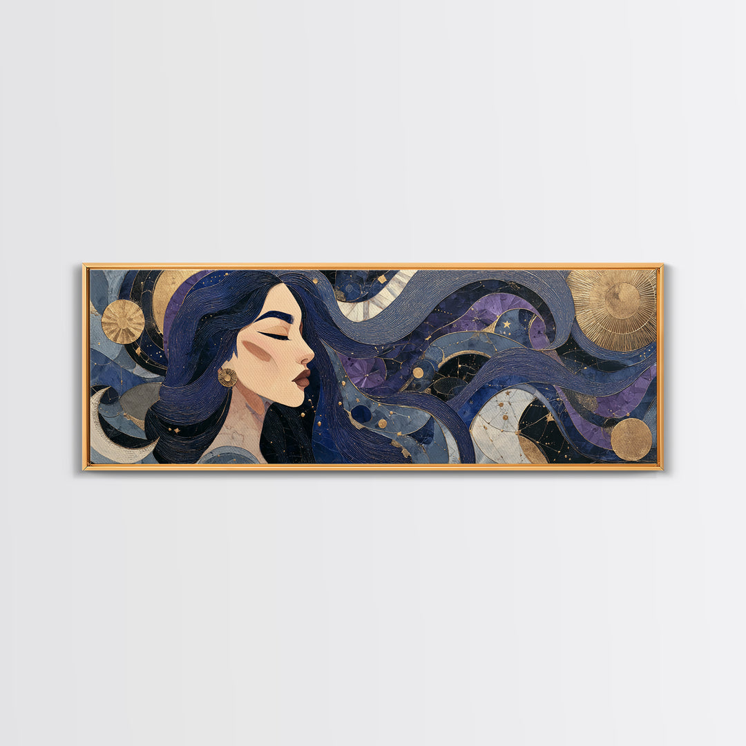 Celestial Goddess with Flowing Midnight Hair Canvas Print, Celestial Art, Gallery Decor, Living Room Decor, Fine Art, Celestial, CEL-3x1-95