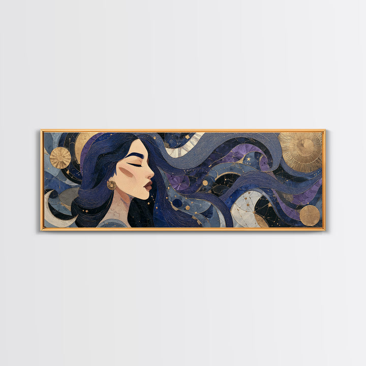 Celestial Goddess with Flowing Midnight Hair Canvas Print, Celestial Art, Gallery Decor, Living Room Decor, Fine Art, Celestial, CEL-3x1-95