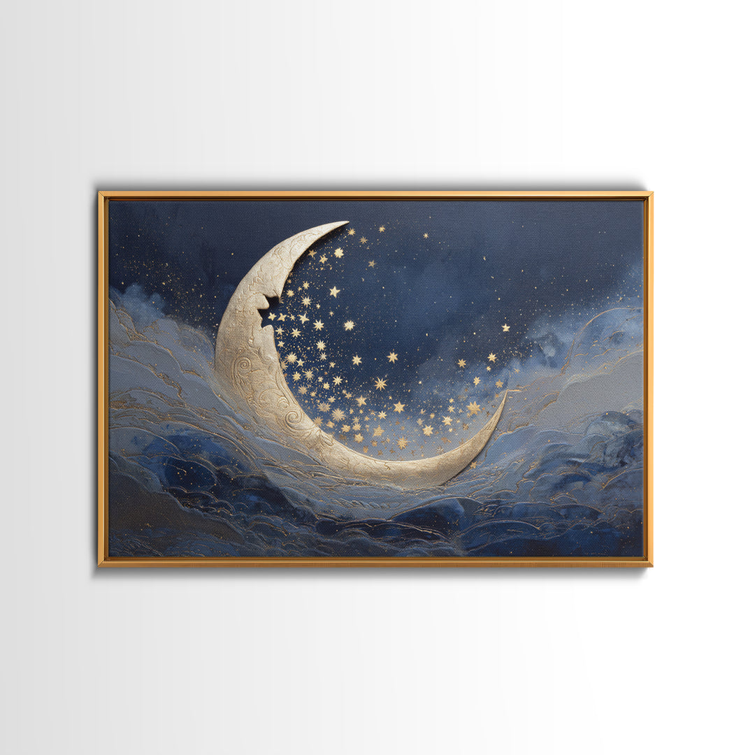 Crescent Moon Cradling a Cluster of Stars Canvas Print, Celestial Art, Modern Art, Living Room Decor, Fine Art, Celestial, CEL-3x2-29