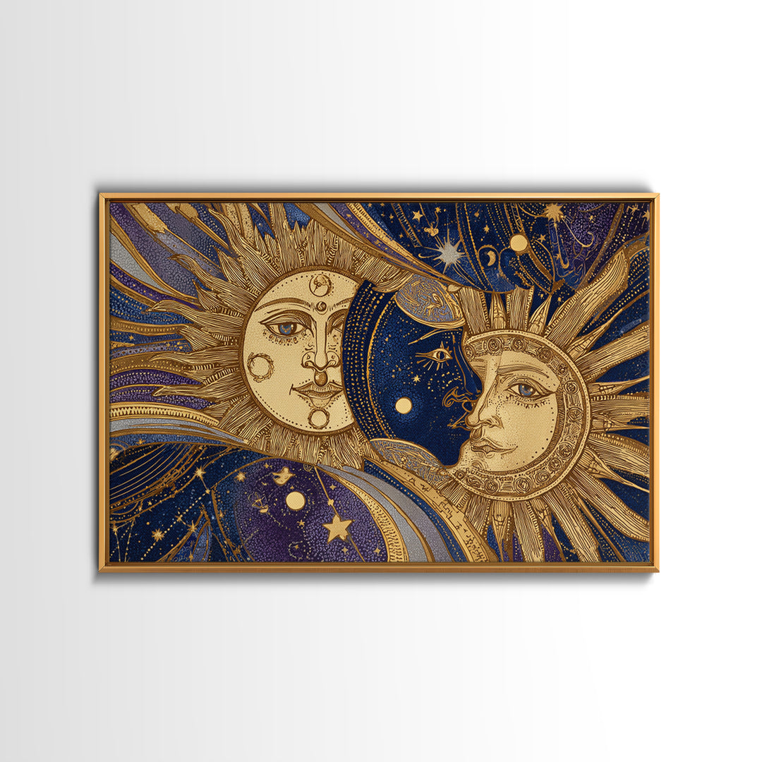 Sun and Moon Faces Canvas Print, Celestial Art, Boho Wall Art, Living Room Decor, Fine Art, Celestial, Boho Home Decor, CEL-3x2-54