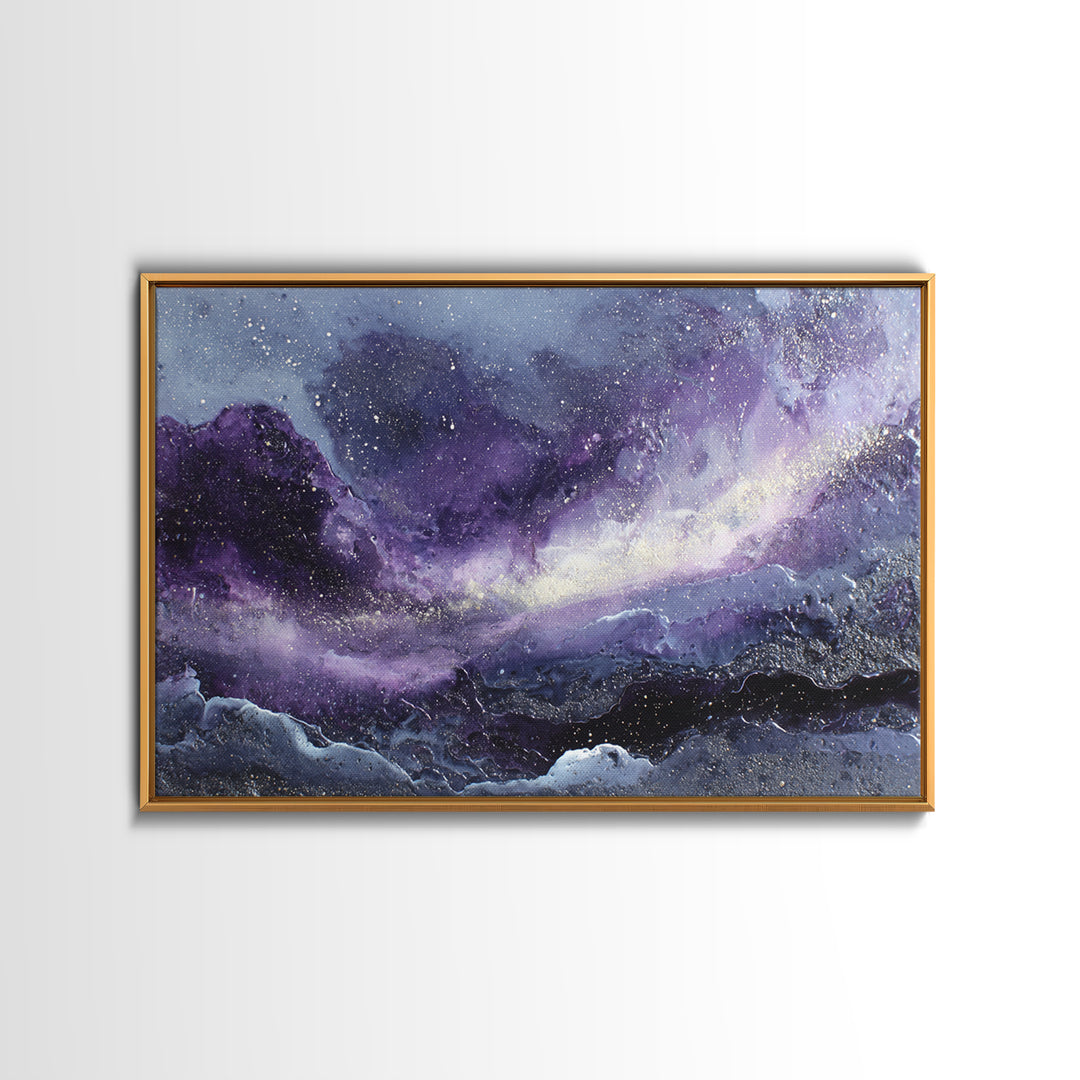 Dreamlike Comet Crossing a Violet Sky Framed Canvas Print, Celestial Art, Colorful Wall Art, Living Room Decor, Abstract Art, CEL-3x2-64