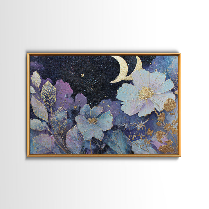 Lunar Phase Arc Above Delicate Botanicals Framed Canvas Print, Celestial Art, Art Prints, Living Room Decor, Celestial, CEL-3x2-8