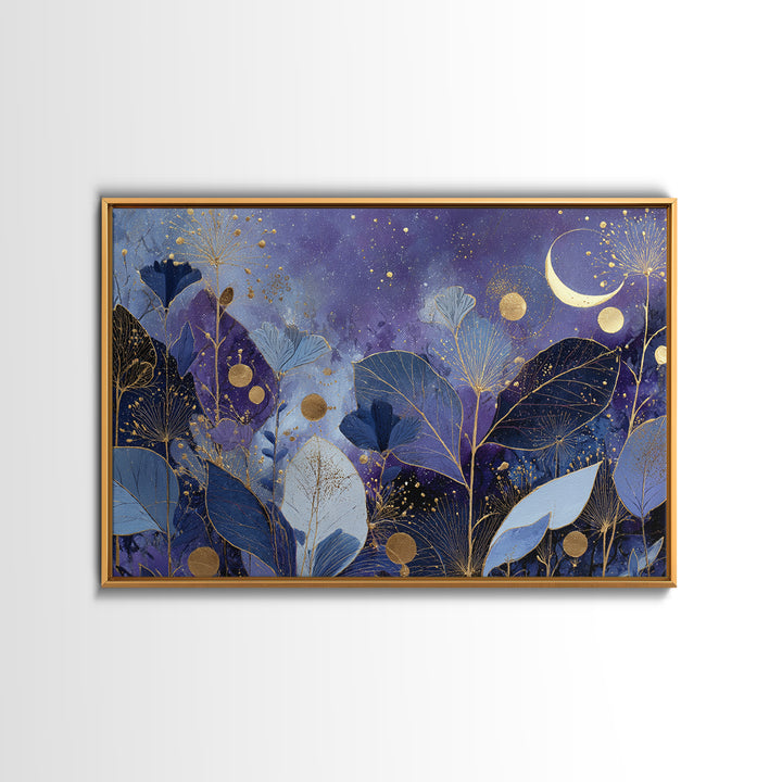 Lunar Phase Arc Above Delicate Botanicals Framed Canvas Print, Celestial Art, Art Nouveau Decor, Living Room Decor, Celestial, CEL-3x2-80