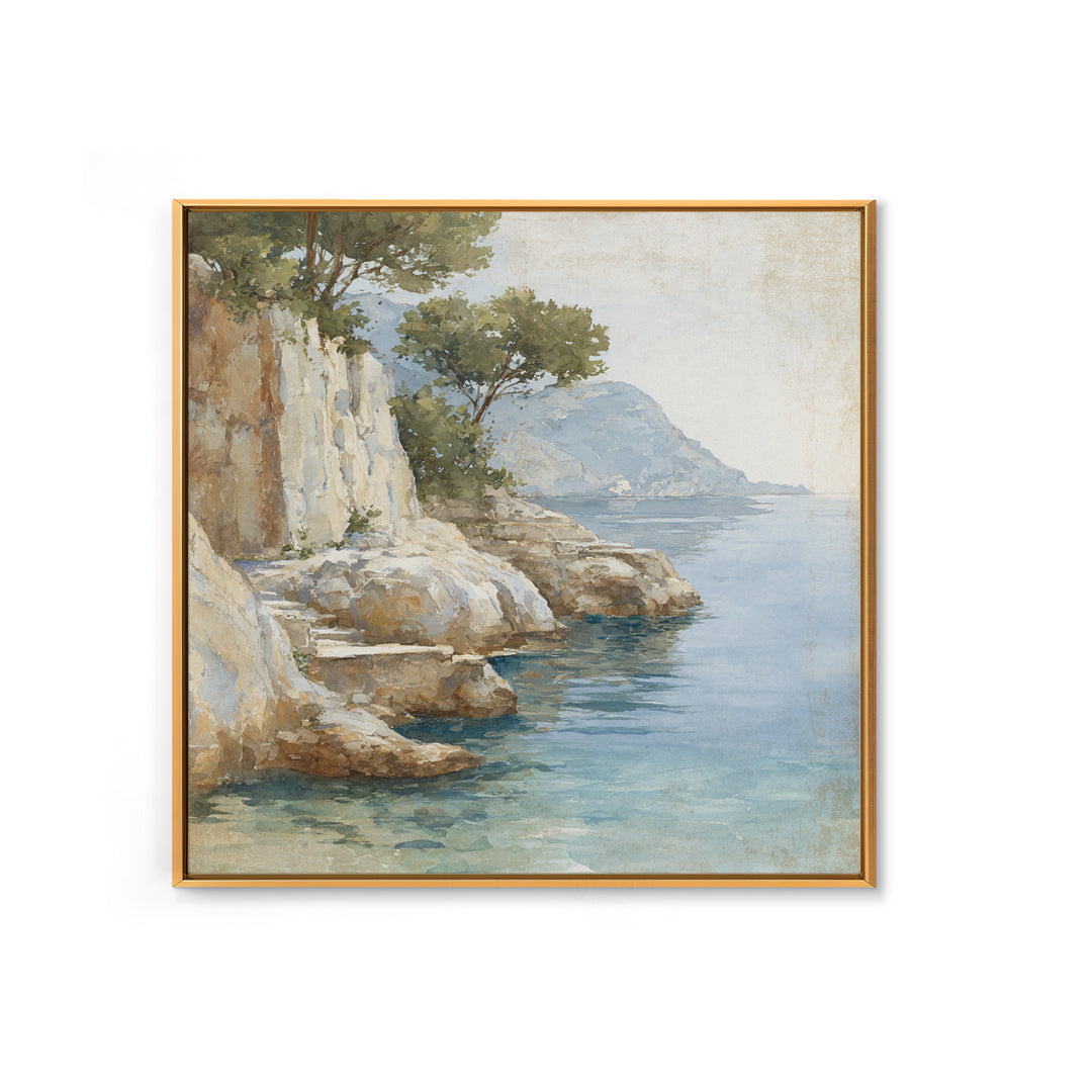 Mediterranean Cove with Cliff Shadows Framed Canvas Print, Coastal Art, Gallery Decor, Coastal Decor, Fine Art, Coastal, COA-1x1-41