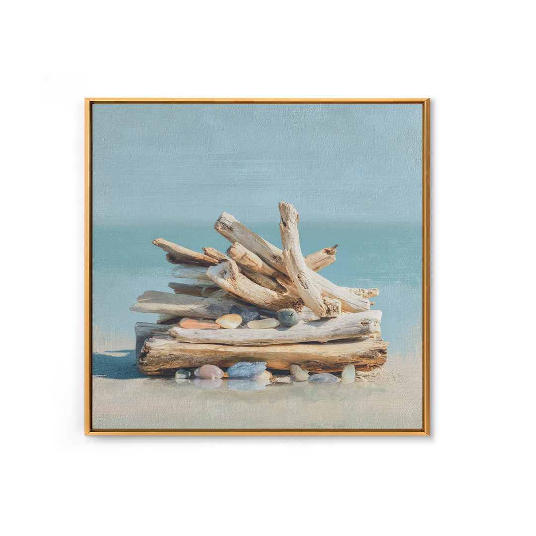 Driftwood and Sea Glass Still Life Canvas Print, Coastal Art, Ocean Wall Art, Coastal Decor, Watercolor Art, Coastal, COA-1x1-55