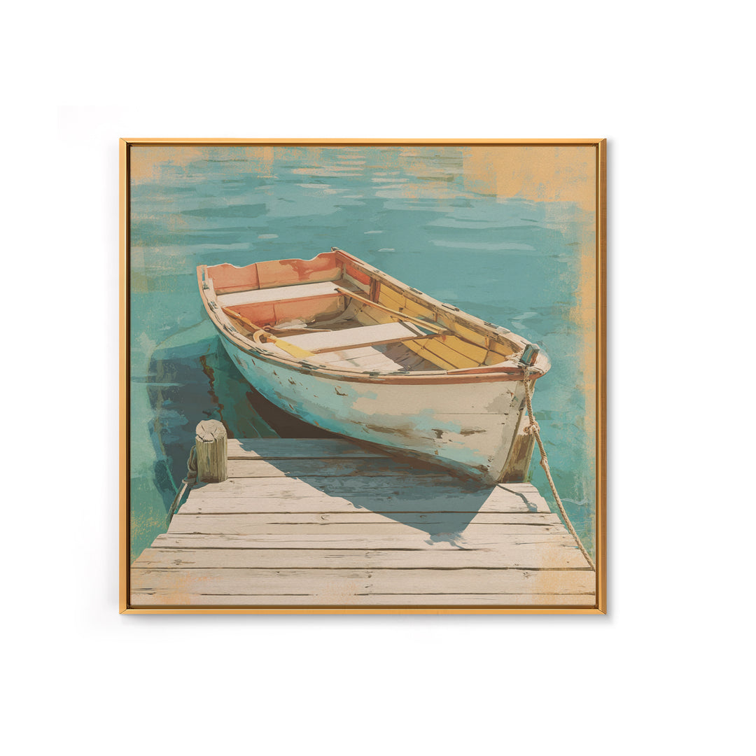 Small Rowboat Tied to a Wooden Dock Framed Canvas Print, Coastal Art, Gallery Decor, Coastal Decor, Fine Art, Coastal, COA-1x1-67