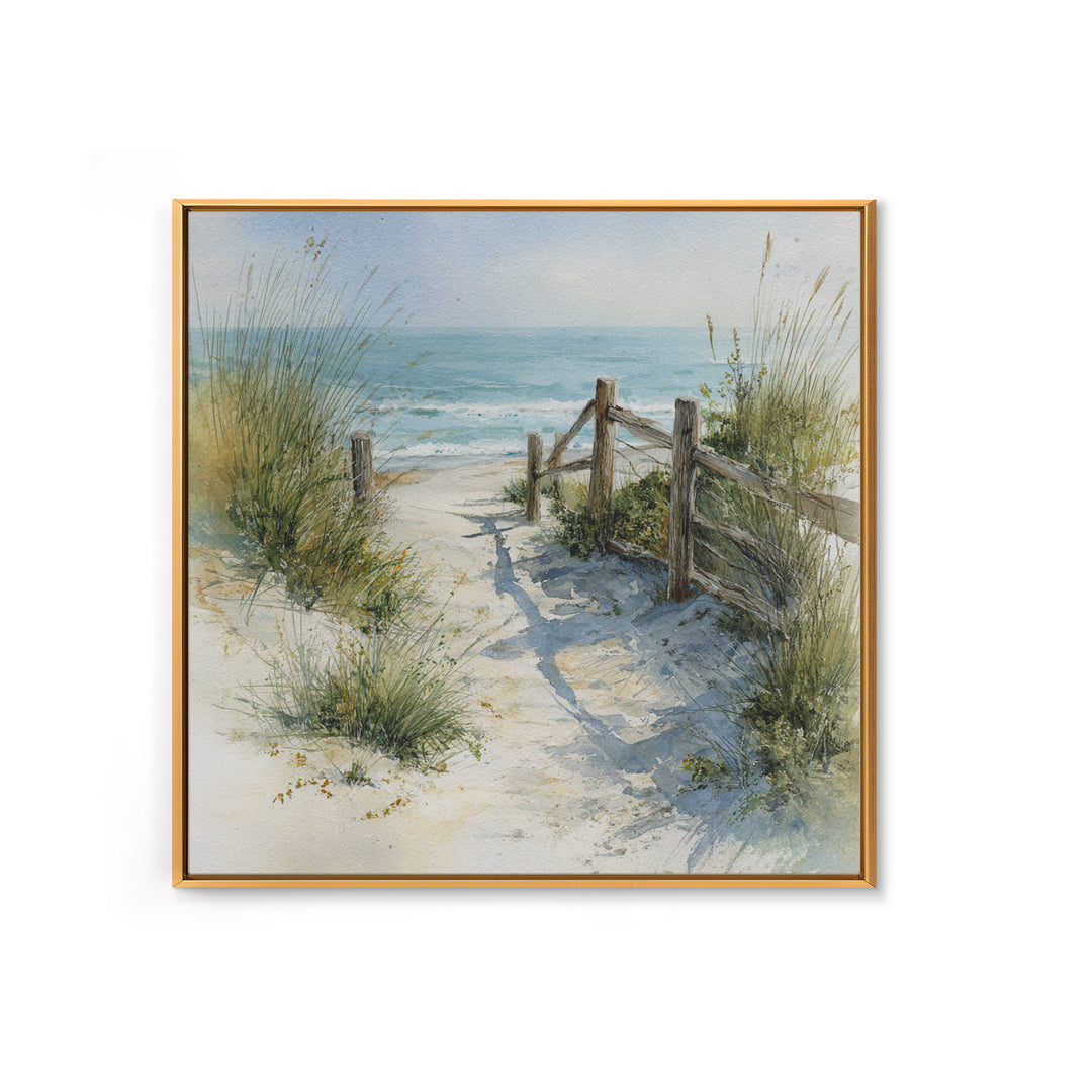 Soft Watercolor Dune Fence Scene Framed Canvas Print, Coastal Art, Textured Painting, Coastal Decor, Fine Art, Coastal, COA-1x1-88