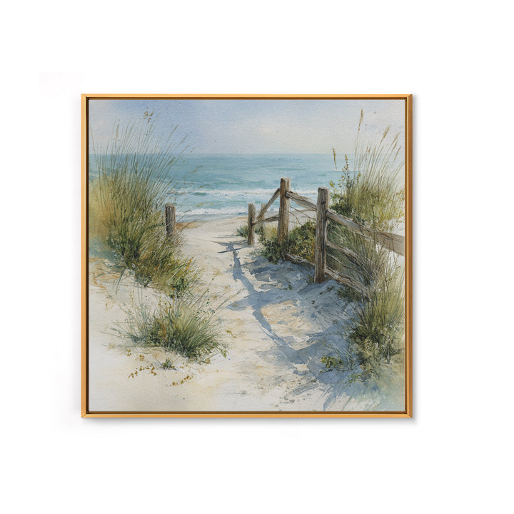 Soft Watercolor Dune Fence Scene Framed Canvas Print, Coastal Art, Textured Painting, Coastal Decor, Fine Art, Coastal, COA-1x1-88