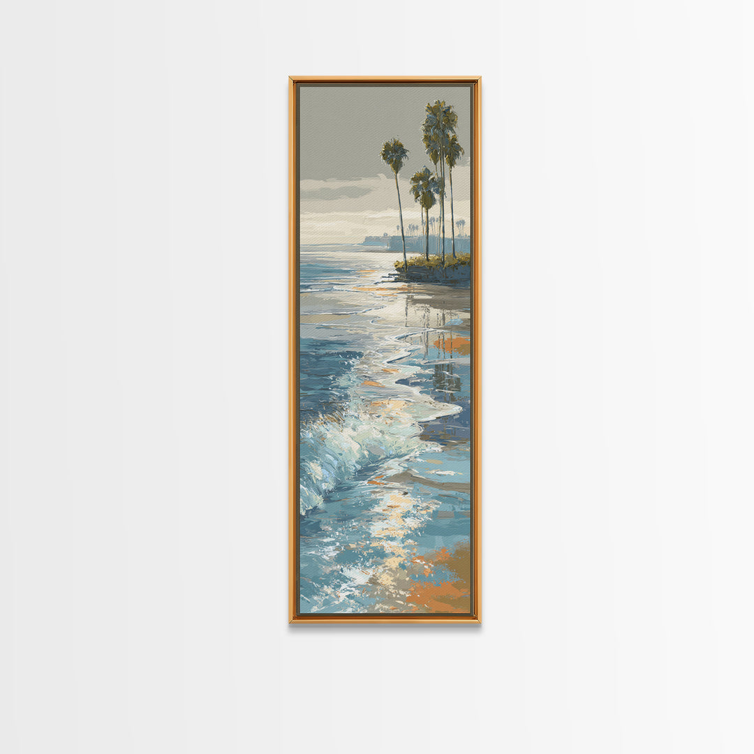 Moonlit Ocean with Silver Surf Framed Canvas Print, Coastal Art, Living Room Art, Coastal Decor, Watercolor Art, Coastal, COA-1x3-58