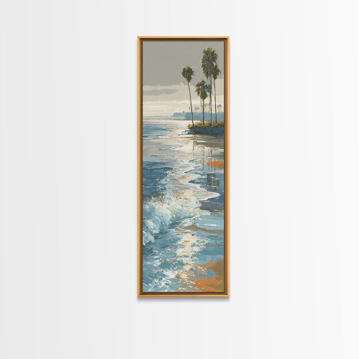 Moonlit Ocean with Silver Surf Framed Canvas Print, Coastal Art, Living Room Art, Coastal Decor, Watercolor Art, Coastal, COA-1x3-58