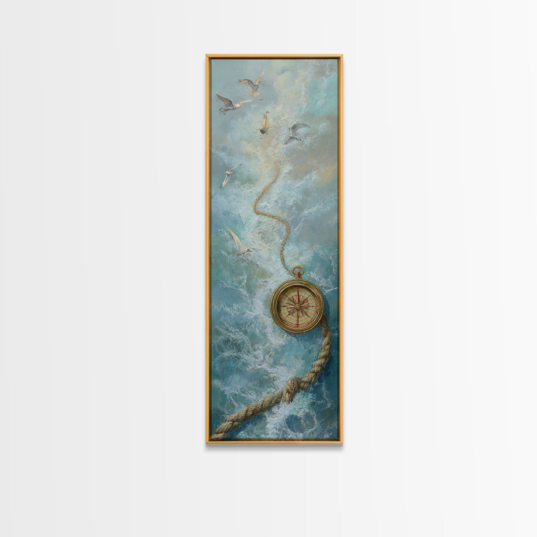 Weathered Nautical Rope and Brass Compass Framed Canvas Print, Coastal Art, Coastal Decor, Fine Art, Coastal, Fine Art Print, COA-1x3-75